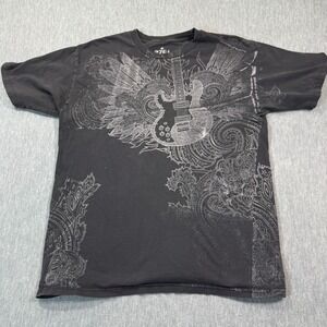 2761 T-Shirt Men L Black Graphic Guitar Wings All Over Print Rock Band Paisley